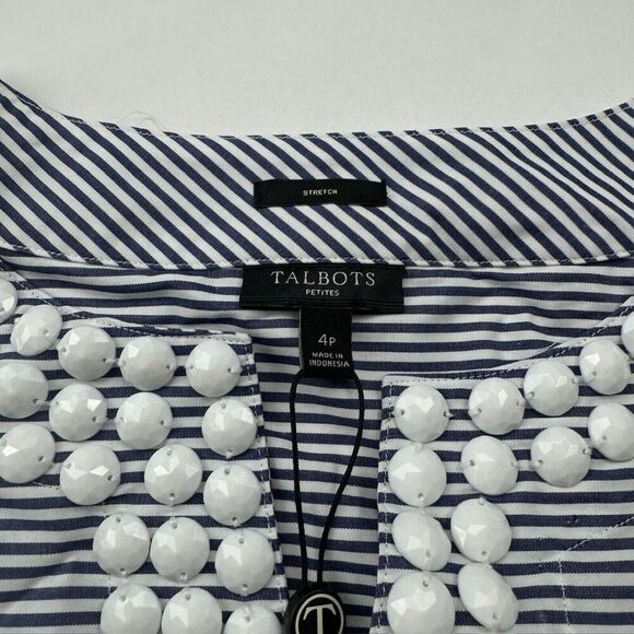 NWT Talbots Blue White Striped Beaded Sleeveless Blouse Tank Size 4P Stretch - Picture 7 of 12